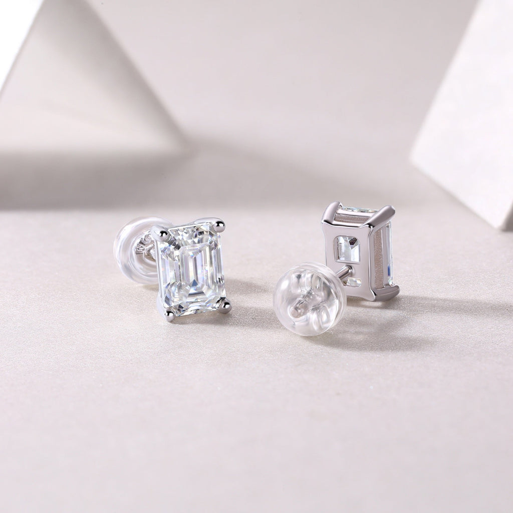 Enthralled Emerald-Cut Moissanite Stud Earrings in Sterling Silver