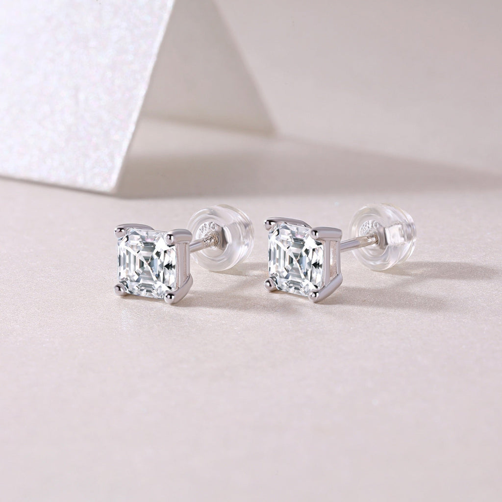 Carefree Square-Cut Moissanite Stud Earrings in Sterling Silver