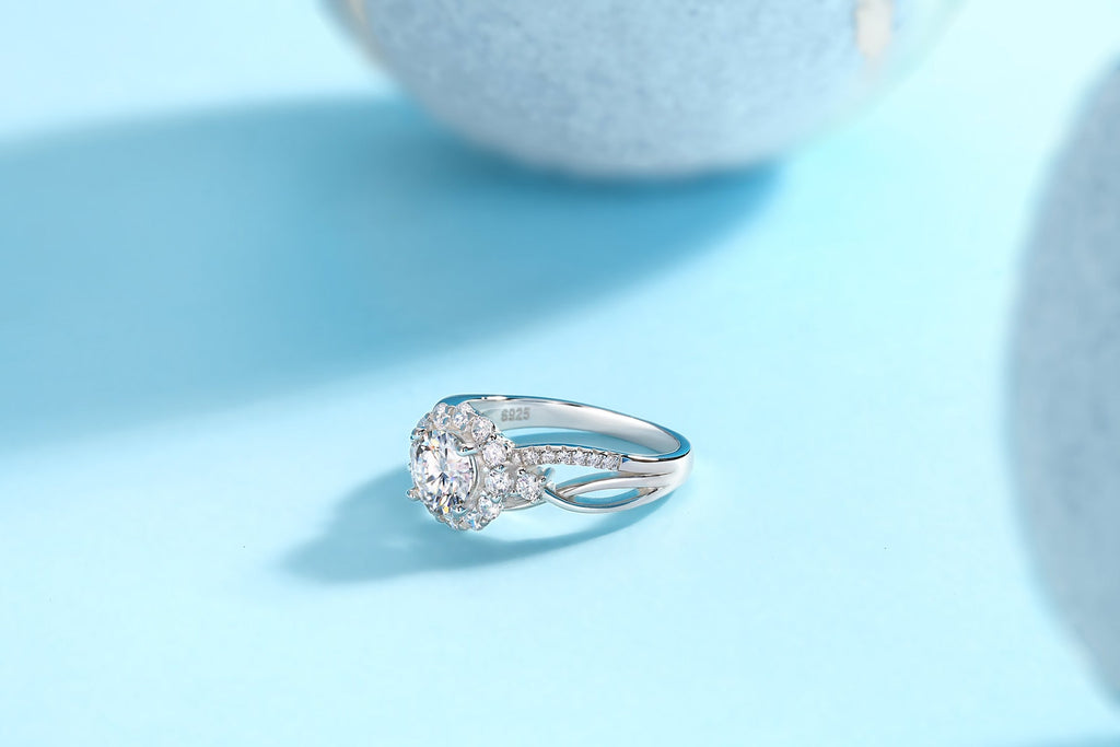 Snow Lotus Moissanite Halo Ring in Sterling Silver