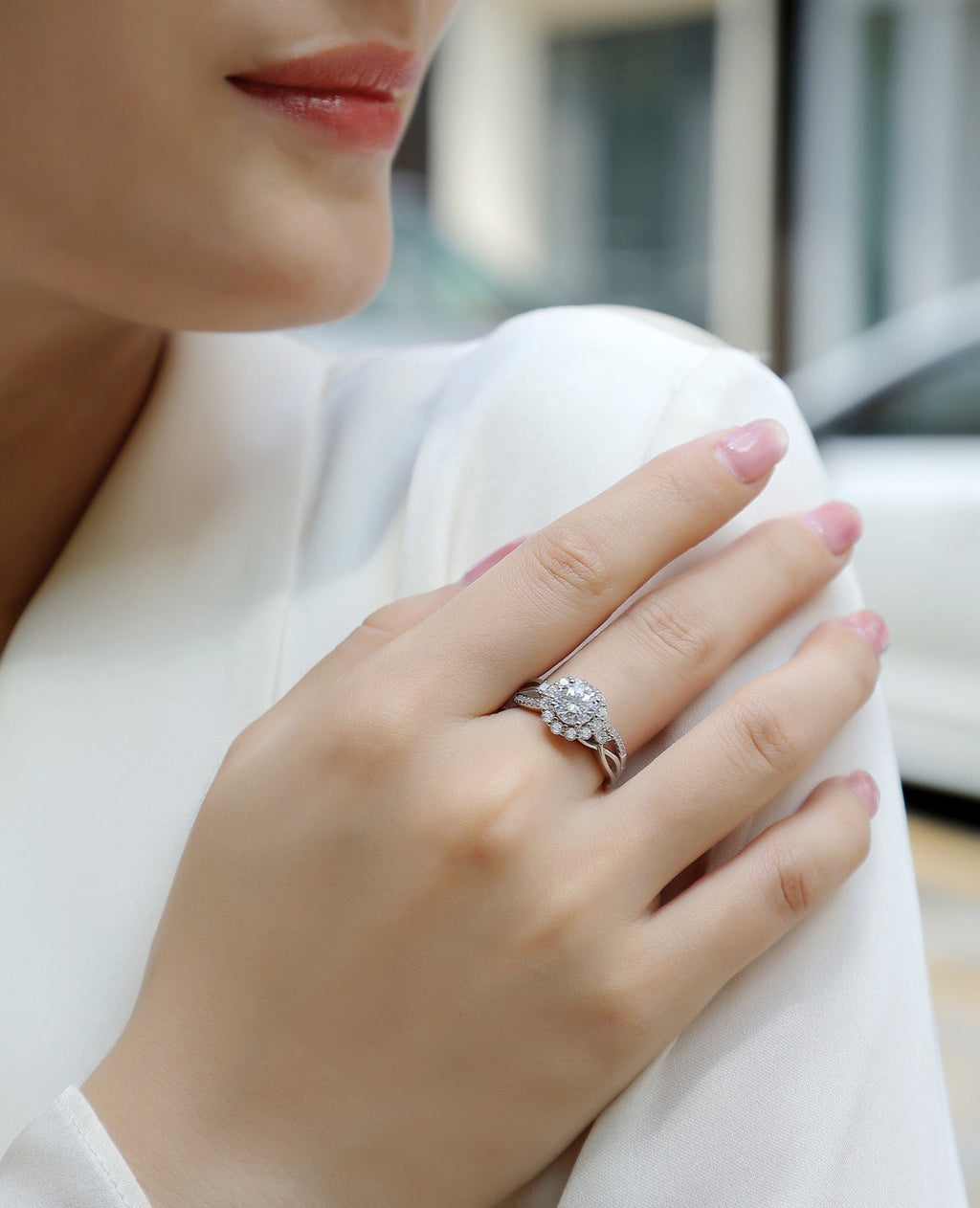 Snow Lotus Moissanite Halo Ring in Sterling Silver