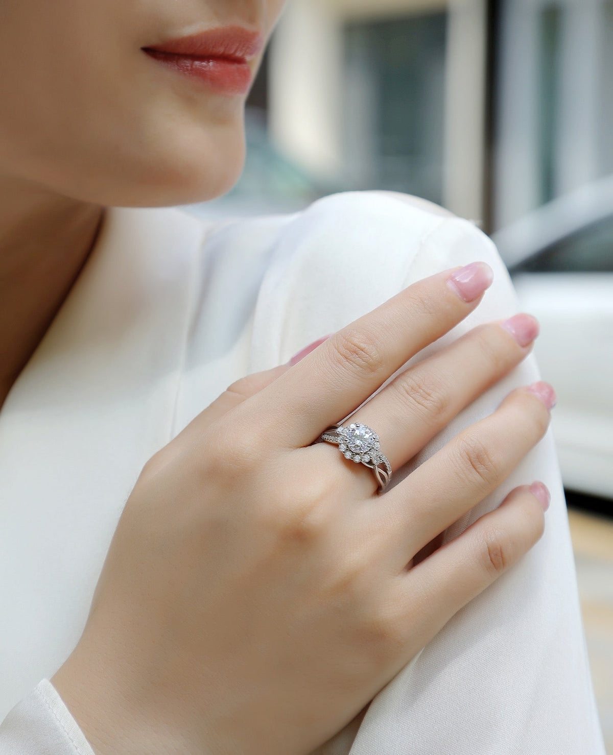 Snow Lotus Moissanite Halo Ring in Sterling Silver