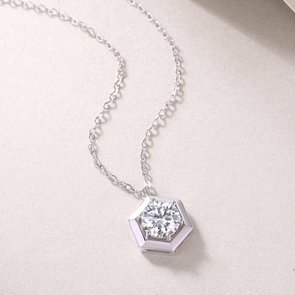Facet 1 Carat Moissanite Hexagon Pendant Necklace in Sterling Silver