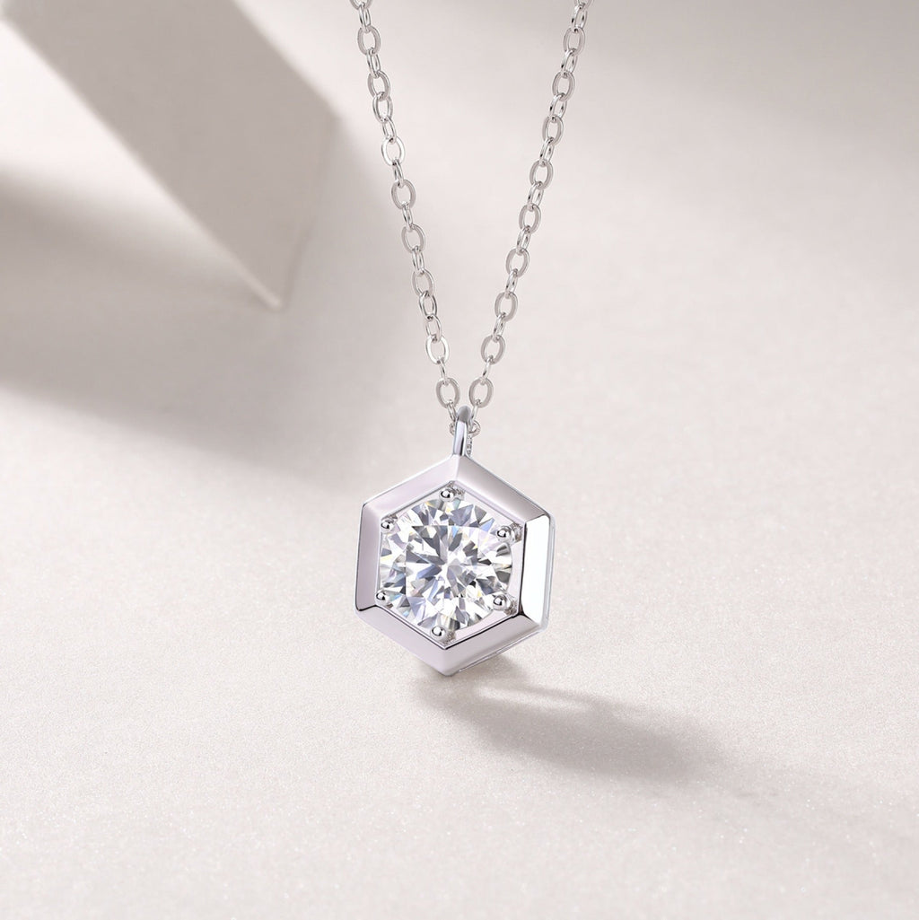 Facet 1 Carat Moissanite Hexagon Pendant Necklace in Sterling Silver