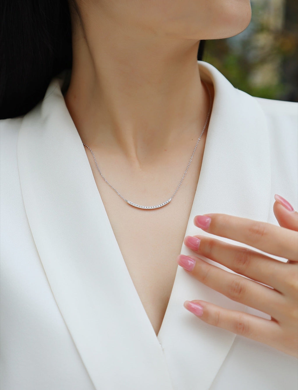 Grace Moissanite Curved Bar Necklace in Sterling Silver