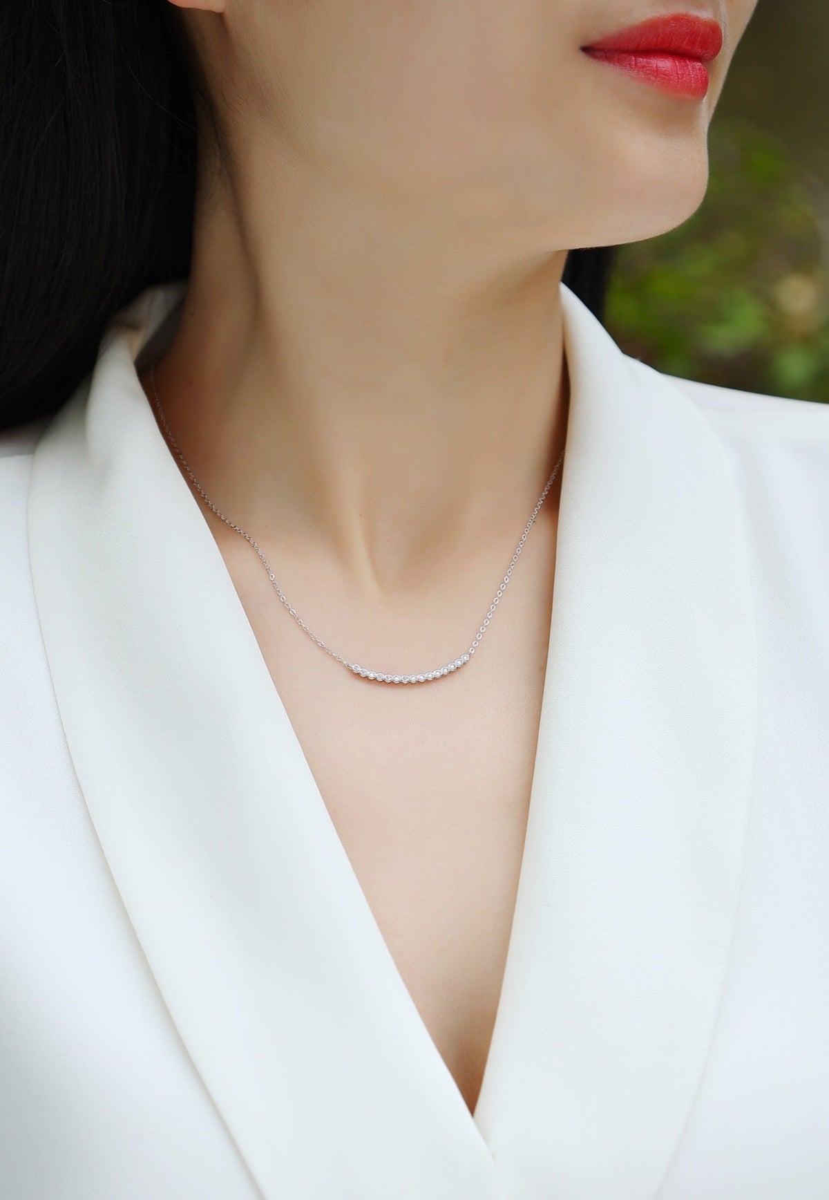 Float Moissanite Curved Bar Necklace in Sterling Silver
