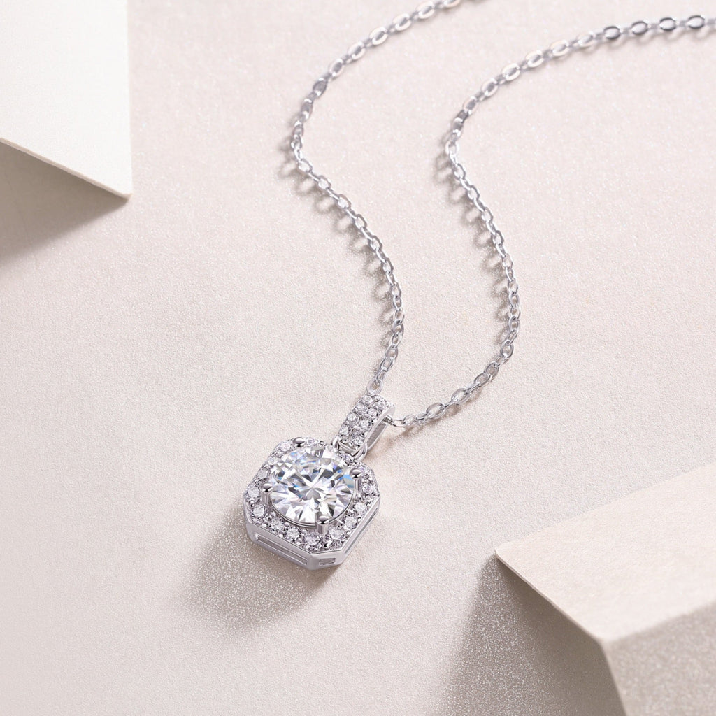 Aurora 1 Carat Moissanite Halo Pendant Necklace in Sterling Silver