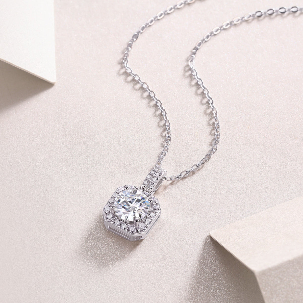 Aurora 1 Carat Moissanite Halo Pendant Necklace in Sterling Silver