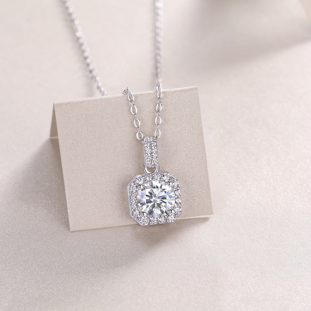Aurora 1 Carat Moissanite Halo Pendant Necklace in Sterling Silver