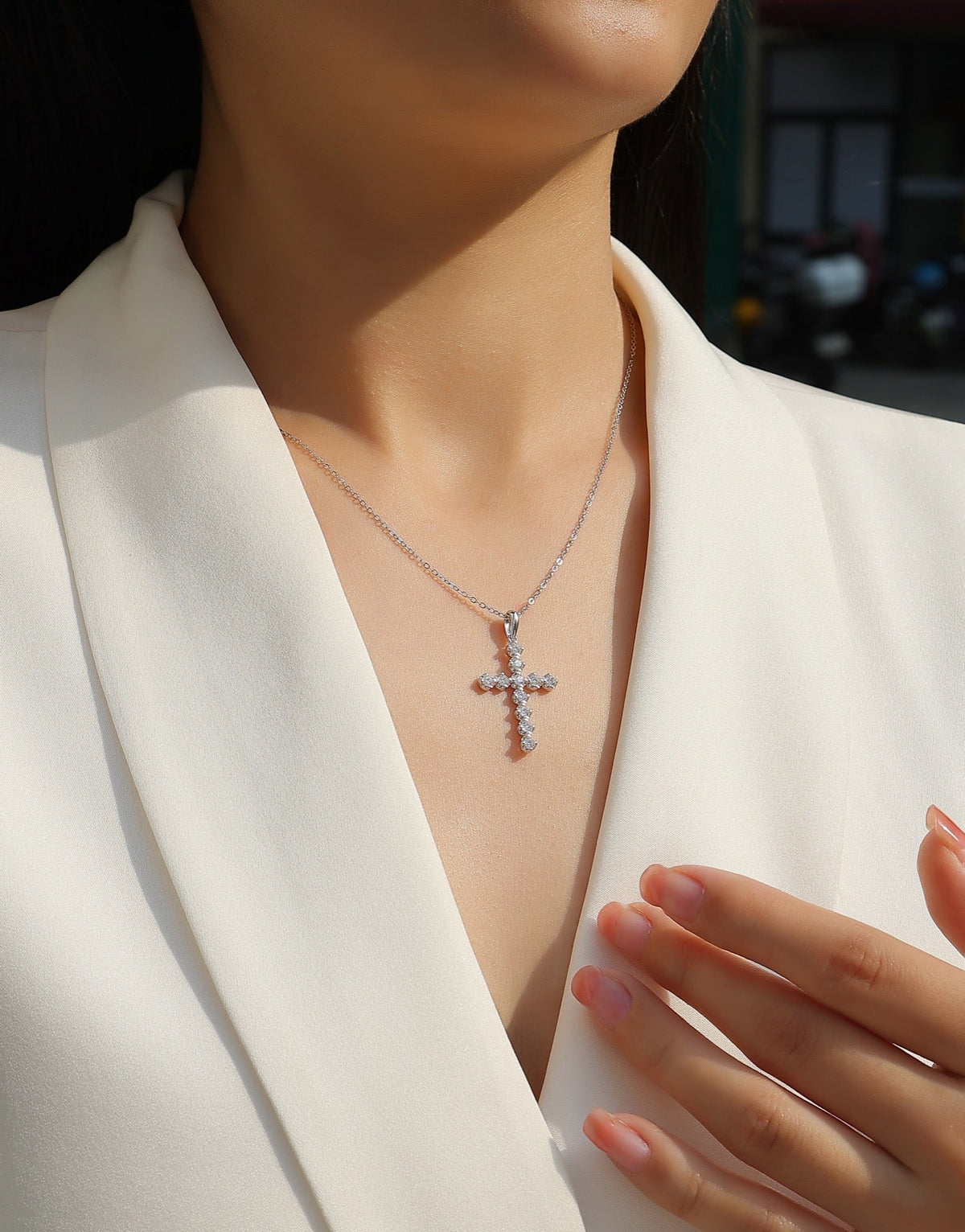 Vigil Moissanite Cross Necklace in Sterling Silver