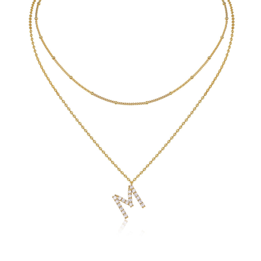 Initial M Moissanite Layered Chain Necklace in Gold-Tone Sterling Silver