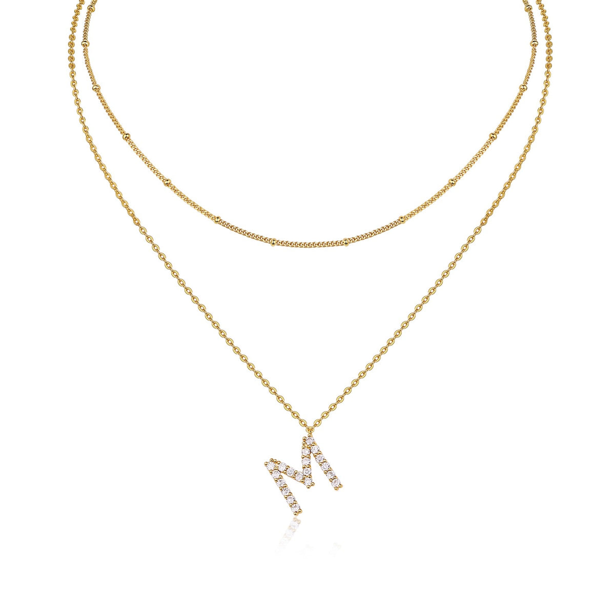 Initial M Moissanite Layered Chain Necklace in Gold-Tone Sterling Silver