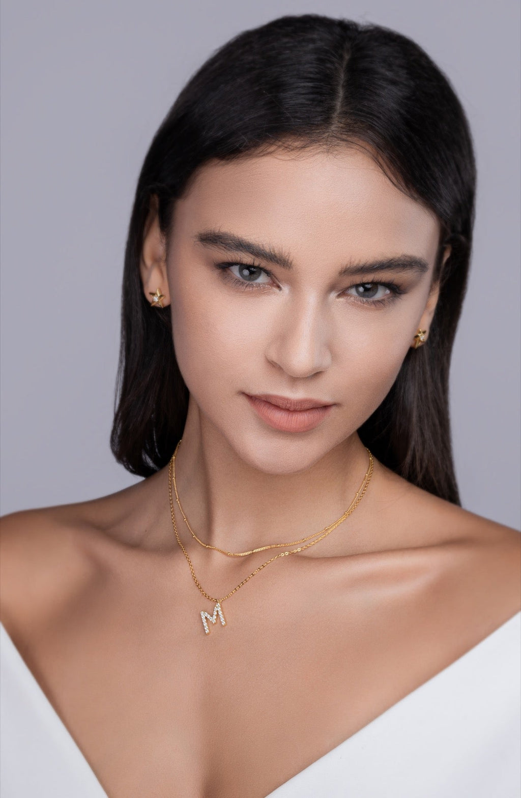 Initial M Moissanite Layered Chain Necklace in Gold-Tone Sterling Silver