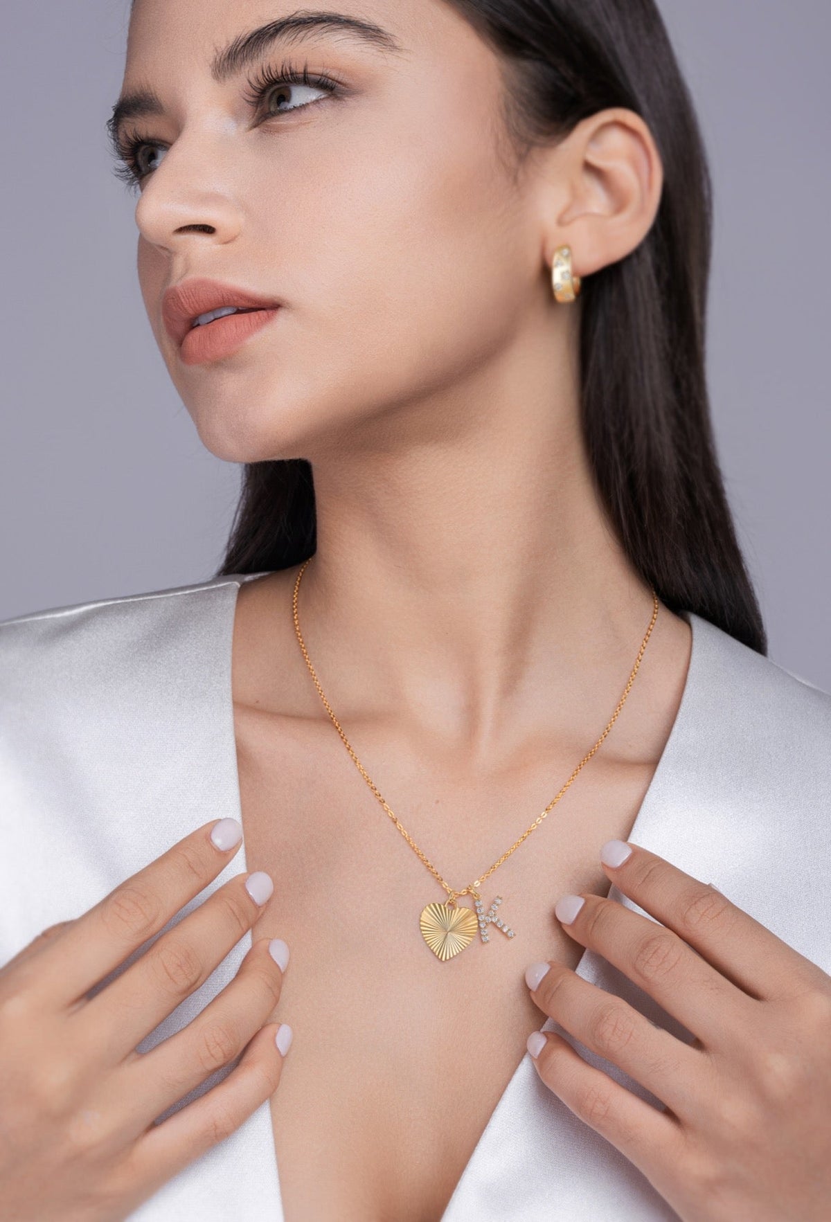 Initial K Moissanite Heart and Initial Necklace in Gold-Tone Sterling Silver