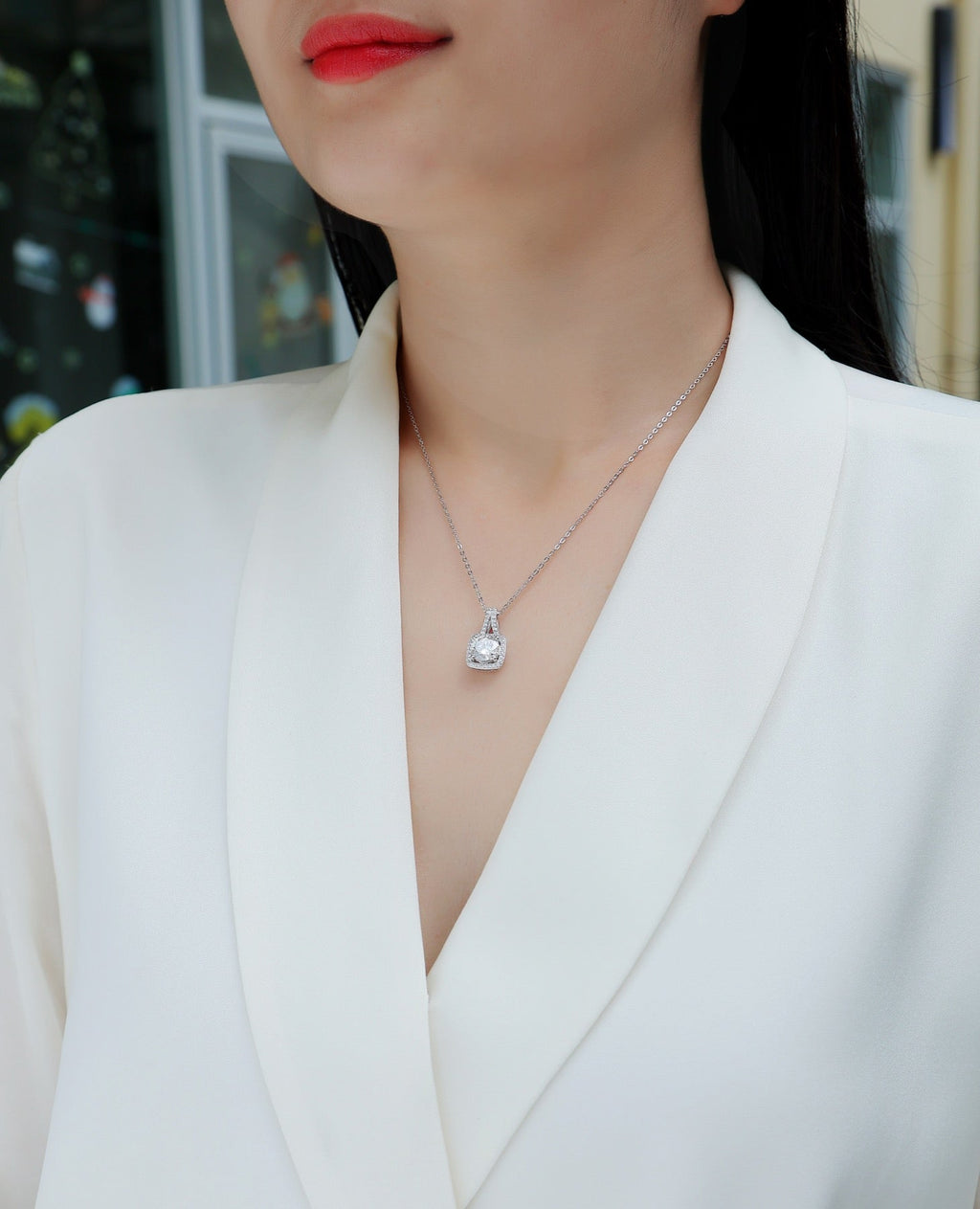 Solene 2 Carat Moissanite Halo Pendant Necklace in Sterling Silver
