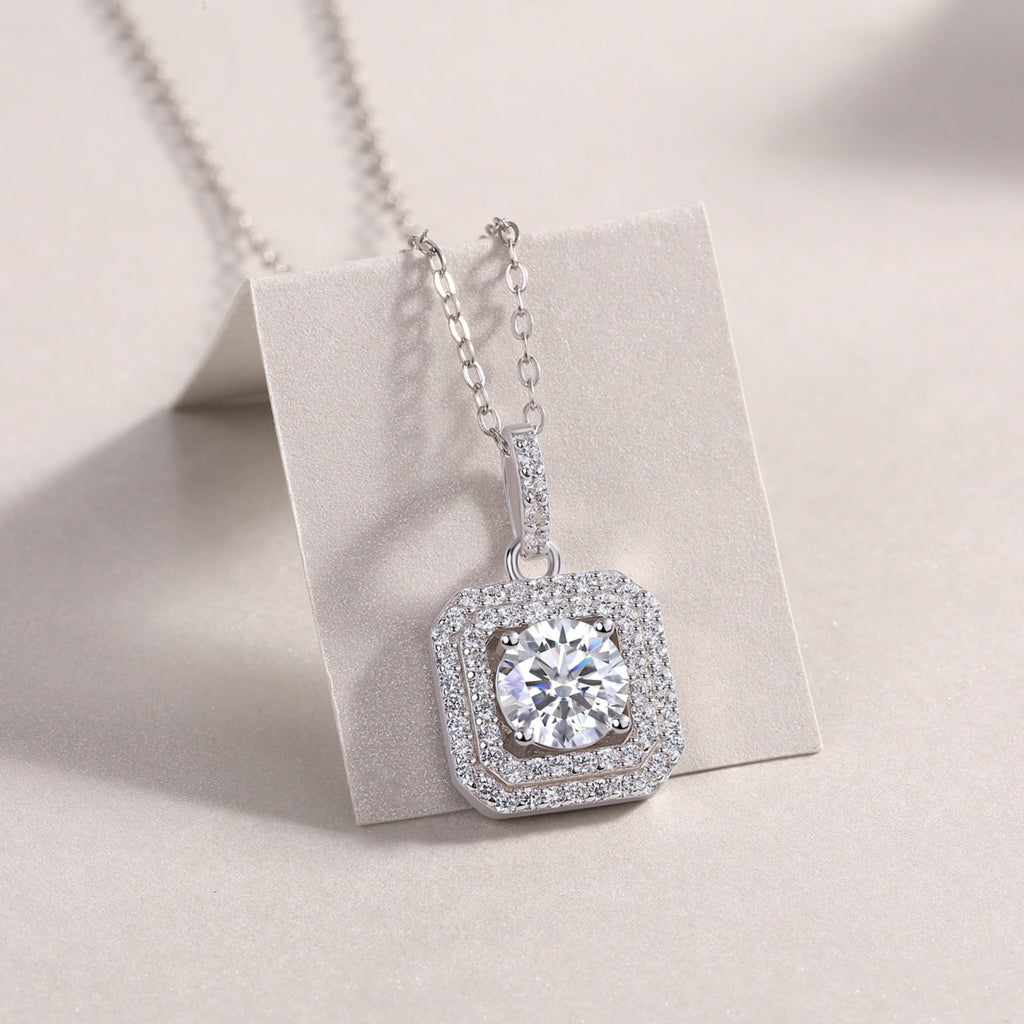 Sugarcube 1 Carat Moissanite Halo Pendant Necklace in Sterling Silver