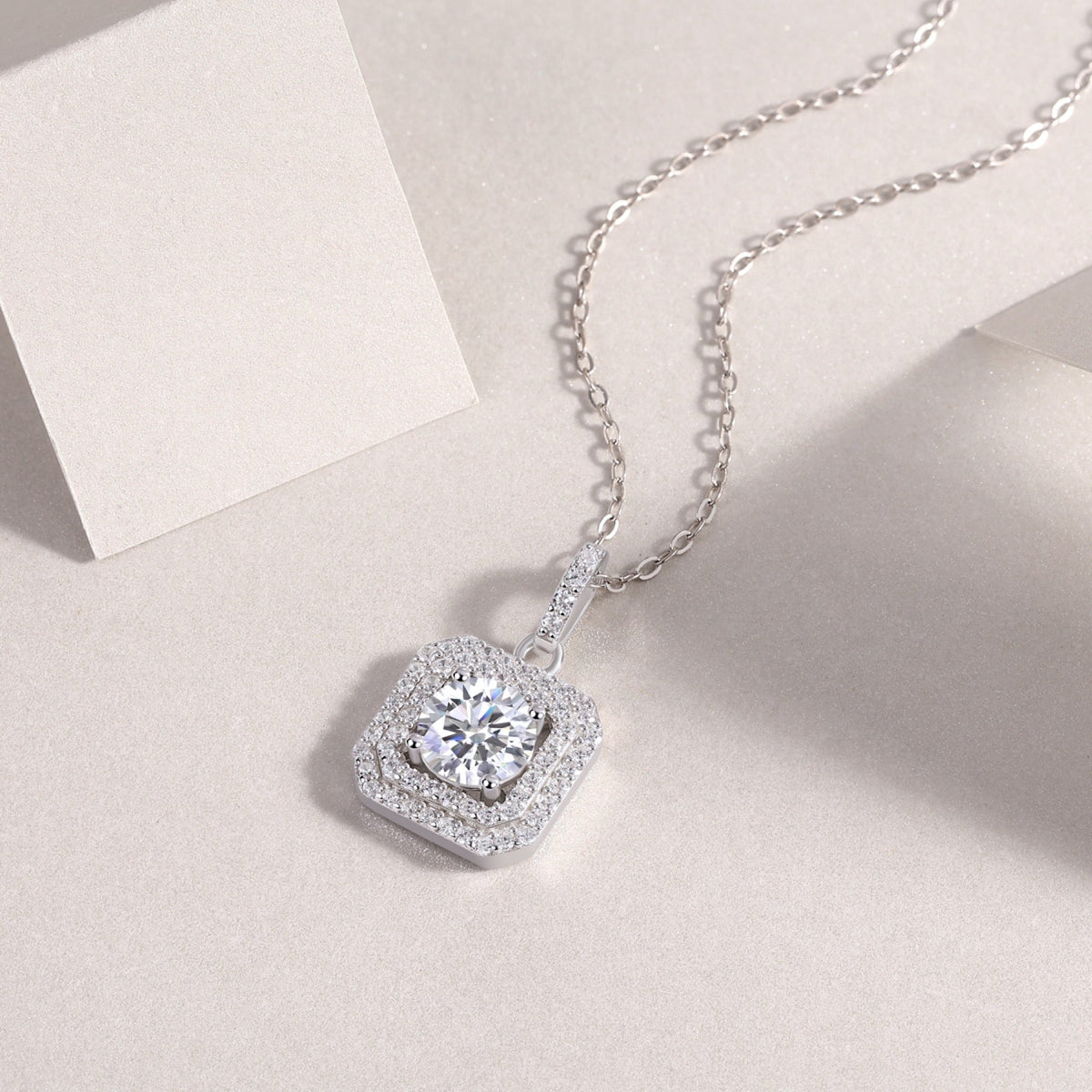 Sugarcube 1 Carat Moissanite Halo Pendant Necklace in Sterling Silver