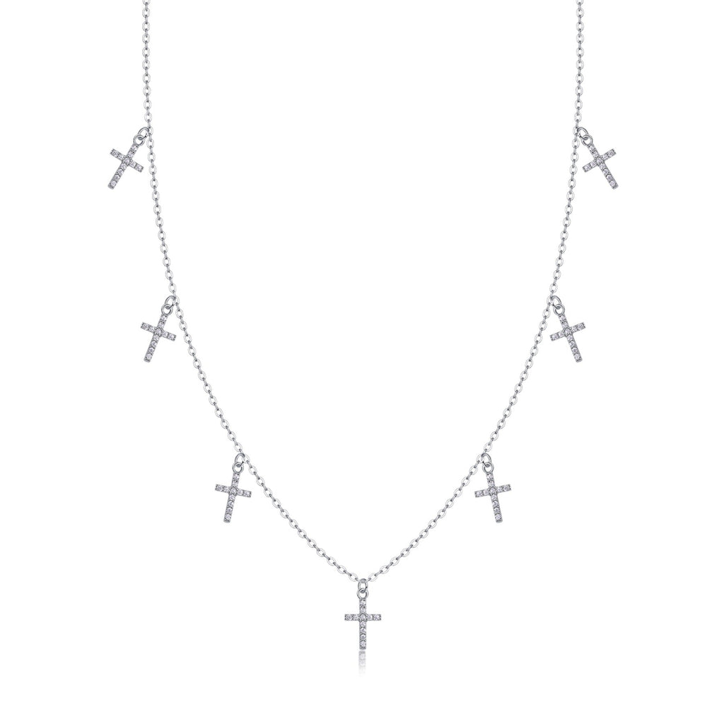 Sanctus Moissanite Cross Station Necklace in Sterling Silver