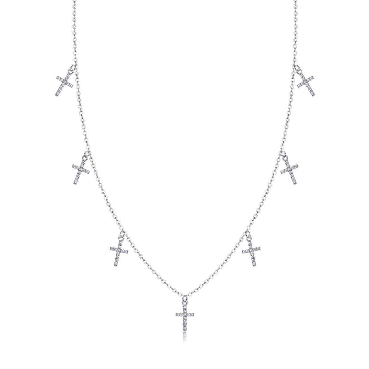 Sanctus Moissanite Cross Station Necklace in Sterling Silver