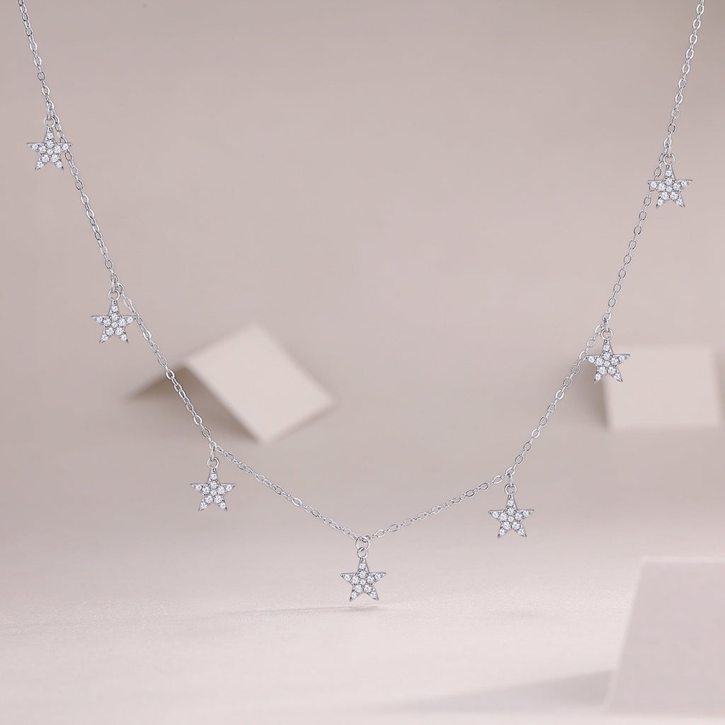 Starry Moissanite Star Station Necklace in Sterling Silver