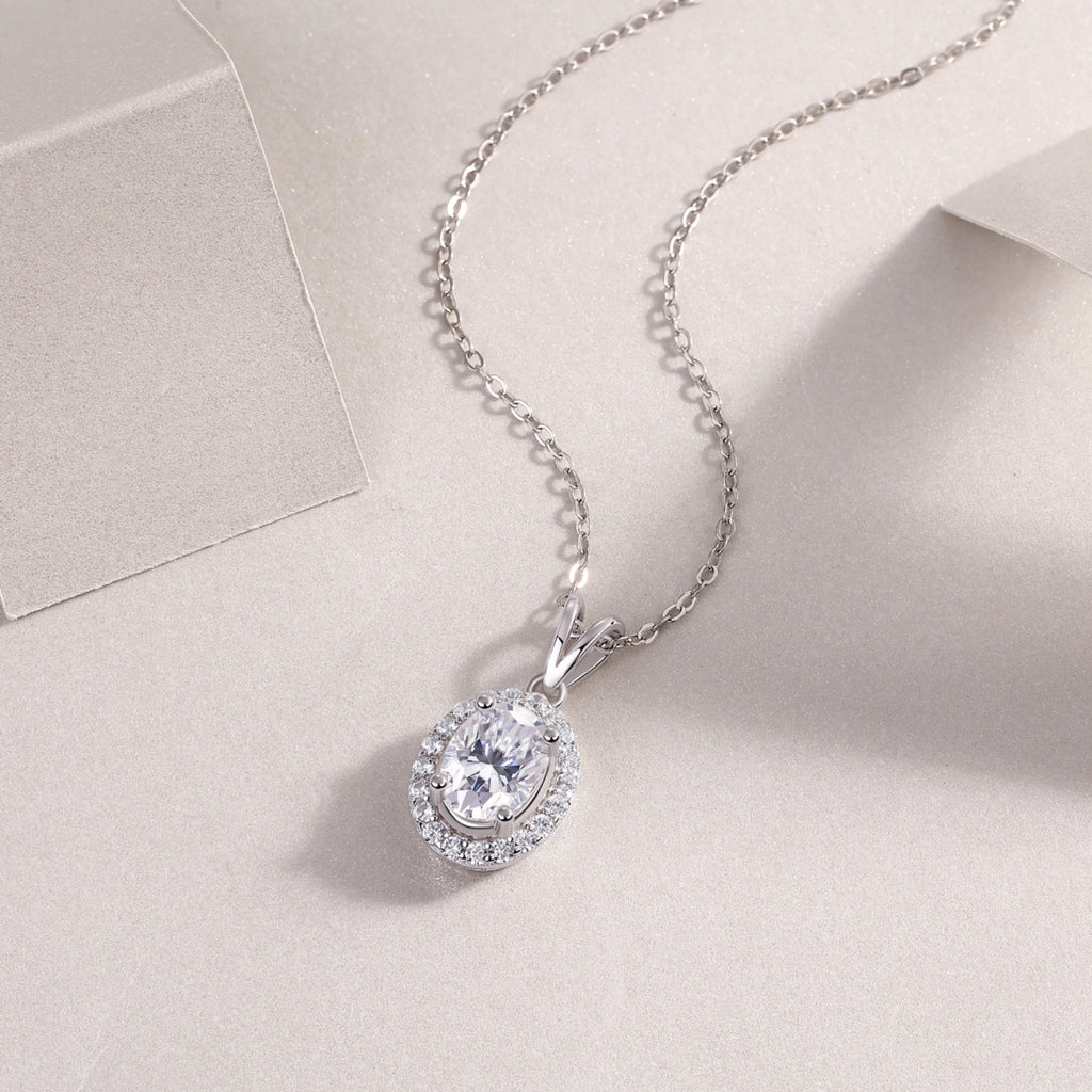 Verona Oval-Cut Moissanite Halo Pendant Necklace in Sterling Silver