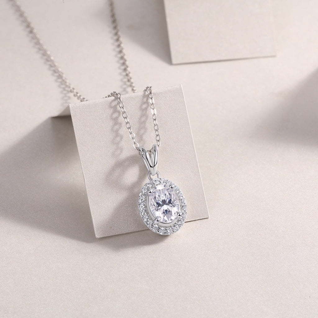 Verona Oval-Cut Moissanite Halo Pendant Necklace in Sterling Silver
