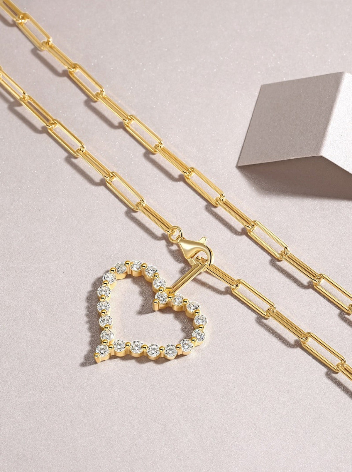 Amara Moissanite Heart Paperclip Necklace in Gold-Tone Sterling Silver