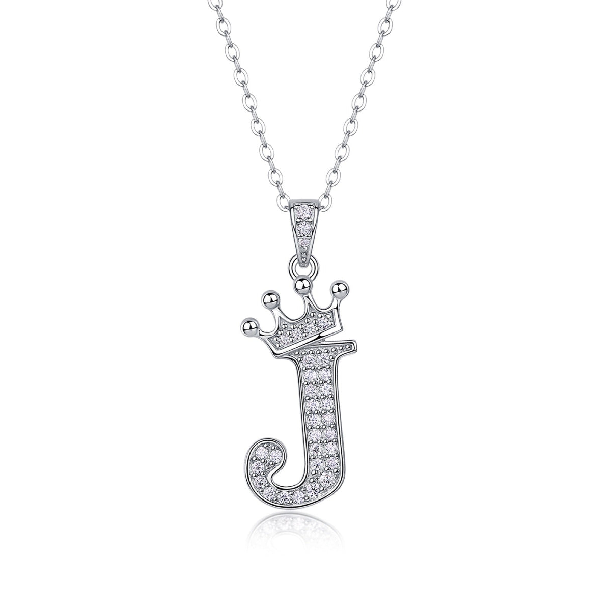 Initial J Moissanite Crown Pendant Necklace in Sterling Silver