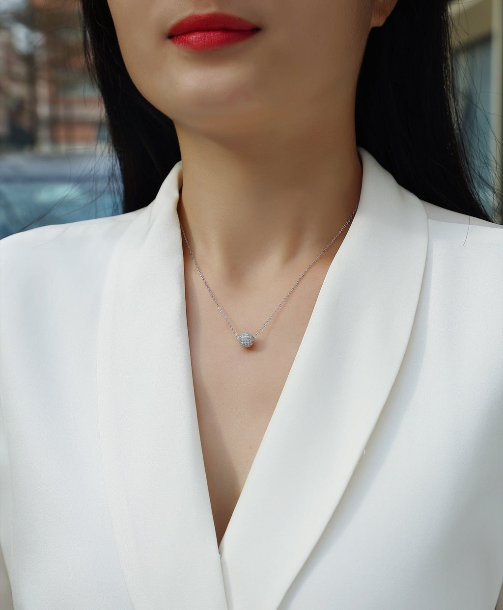 Rendezvous Moissanite Pavé Ball Pendant Necklace in Sterling Silver