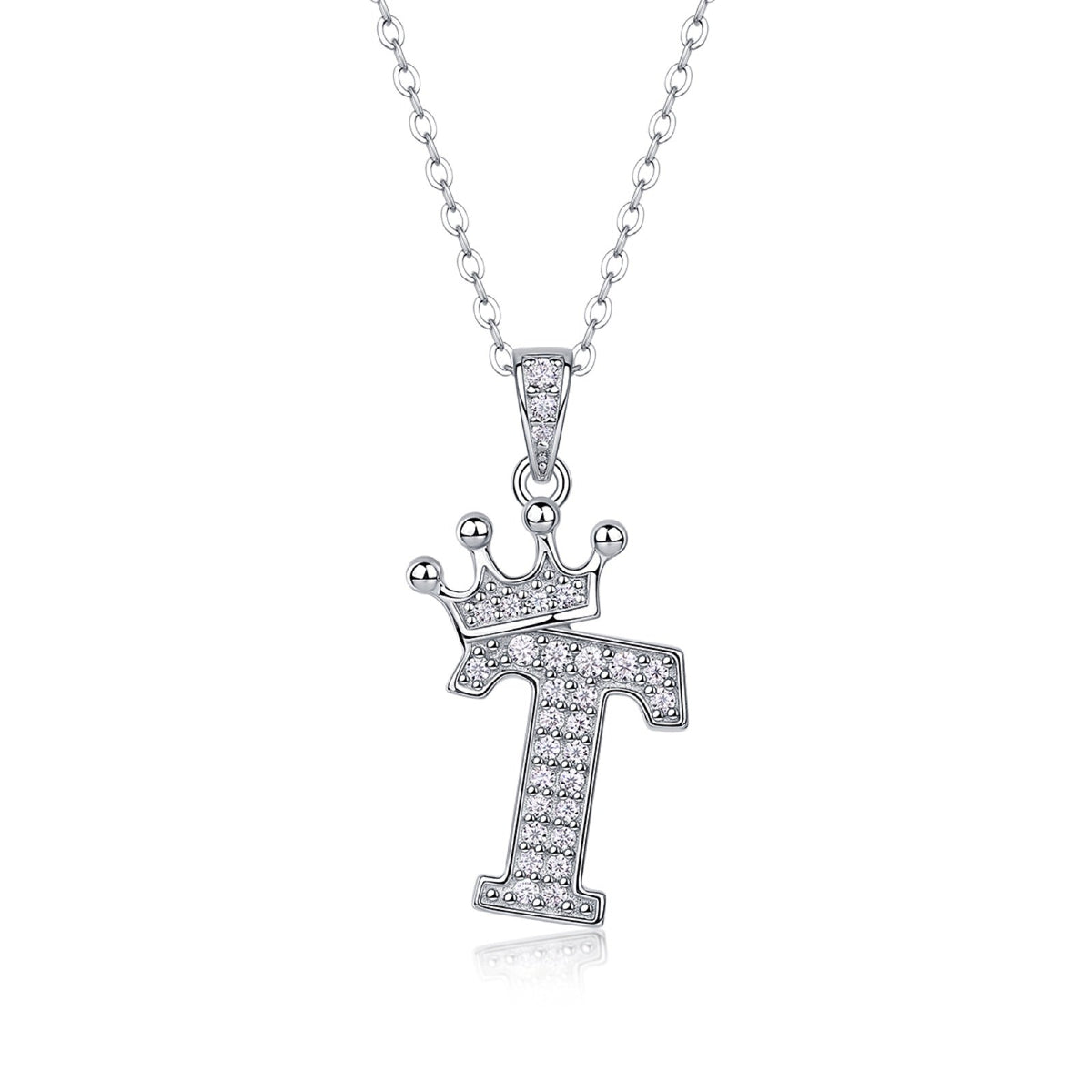 Initial T Moissanite Crown Pendant Necklace in Sterling Silver