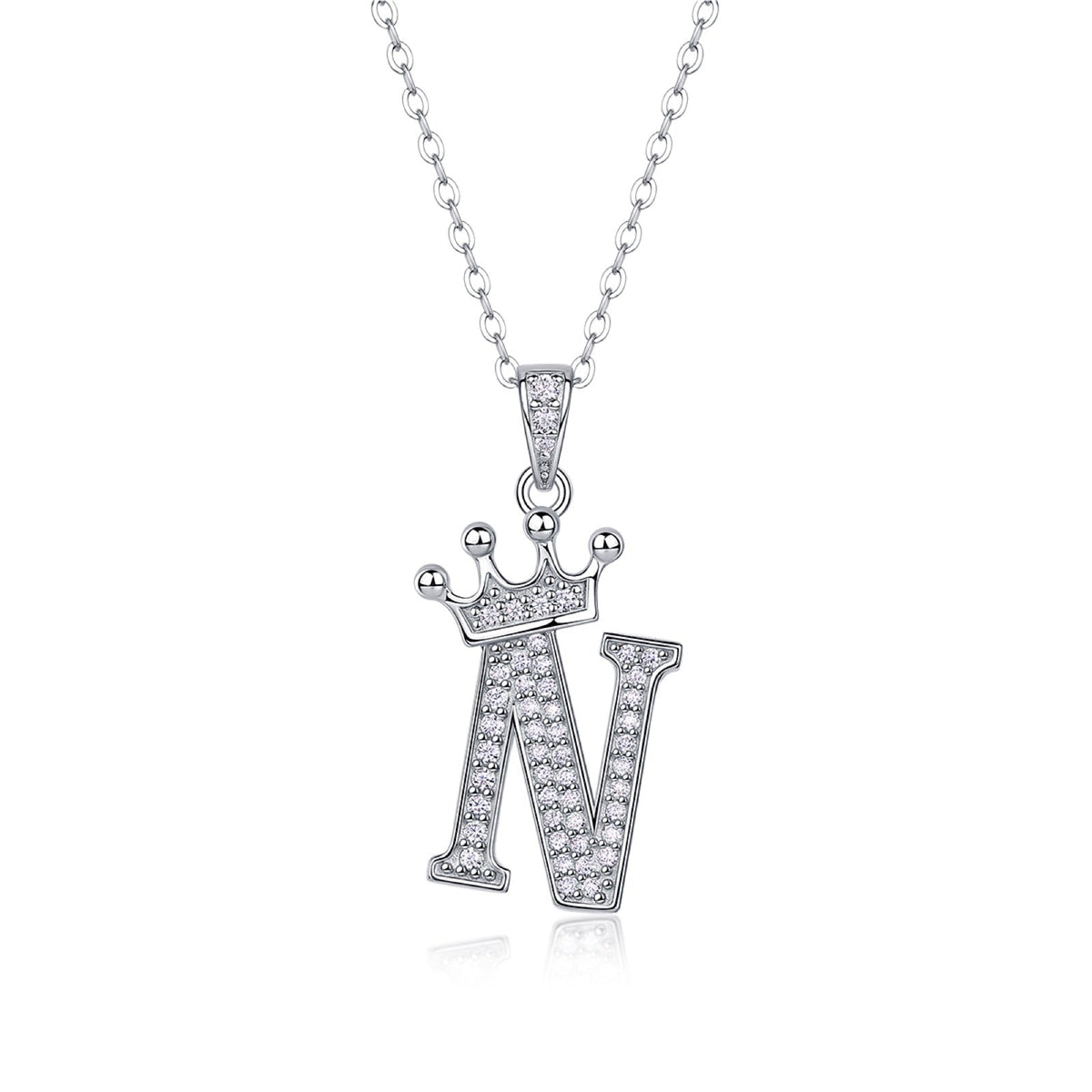 Initial N Moissanite Crown Pendant Necklace in Sterling Silver