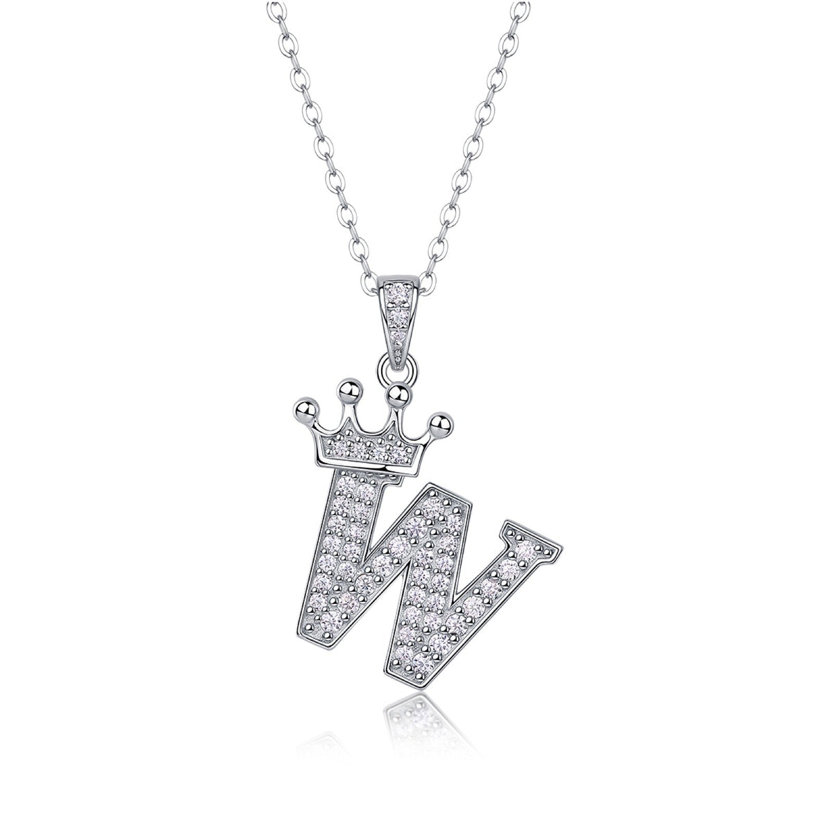 Initial W Moissanite Crown Pendant Necklace in Sterling Silver