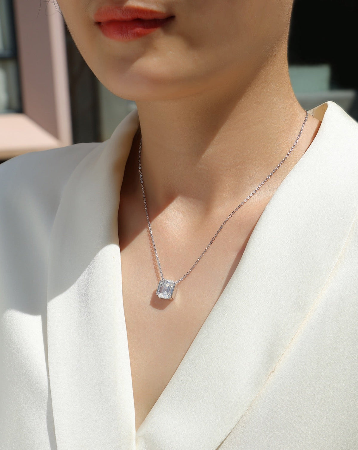 Monolith Moissanite Emerald-Cut Pendant Necklace in Sterling Silver
