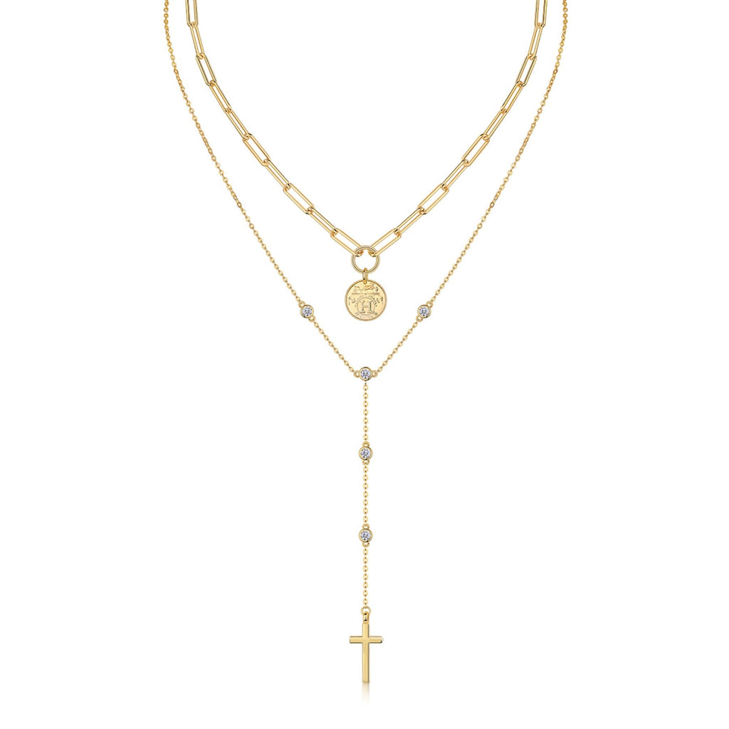 Sanctify Moissanite Layered Cross Necklace in Gold-Tone Sterling Silver