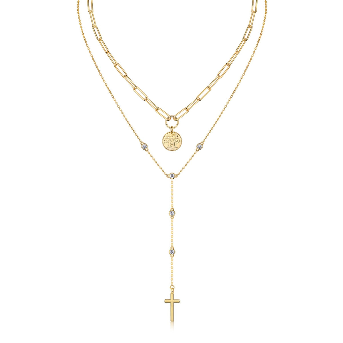 Sanctify Moissanite Layered Cross Necklace in Gold-Tone Sterling Silver