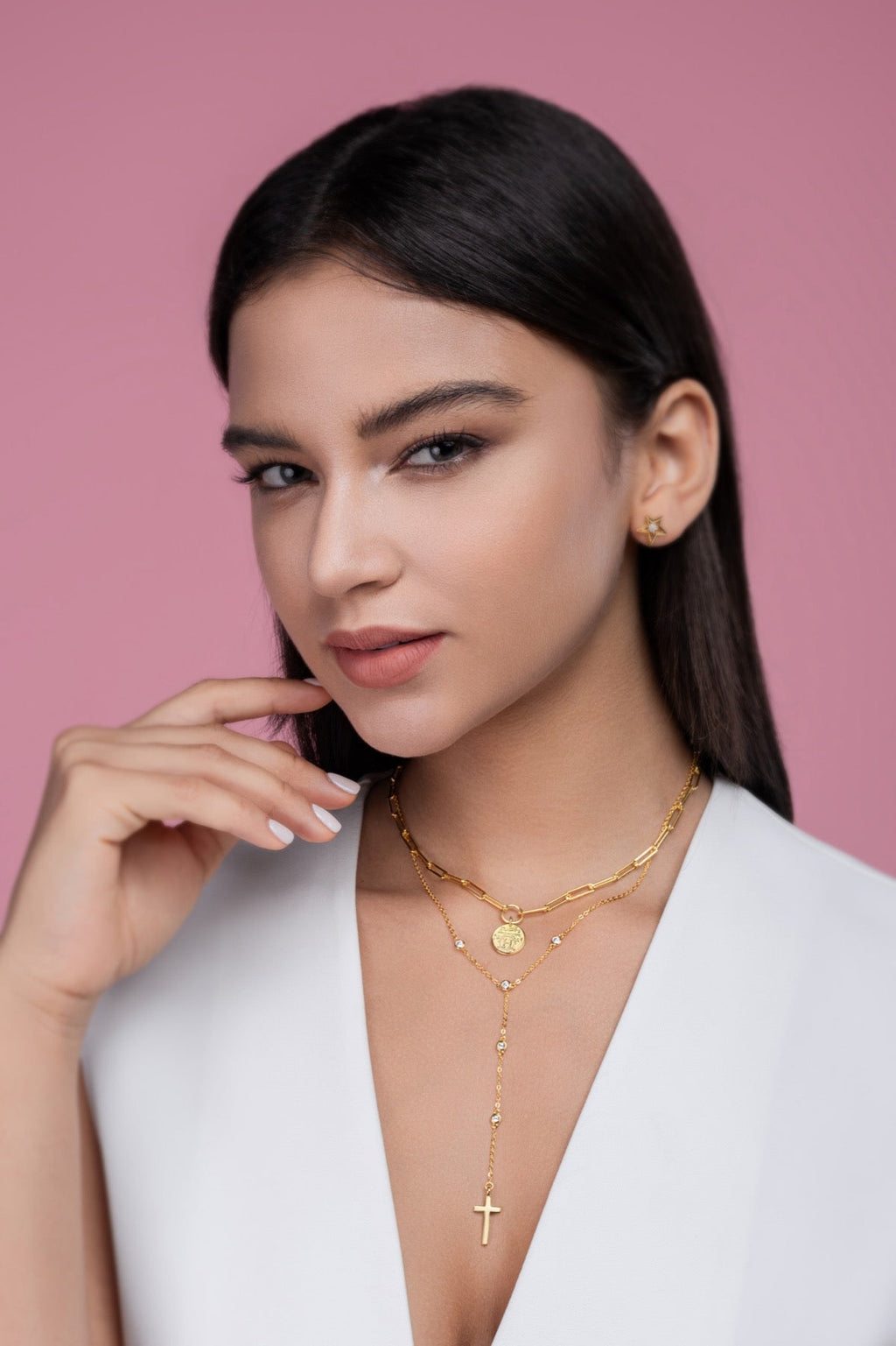 Sanctify Moissanite Layered Cross Necklace in Gold-Tone Sterling Silver