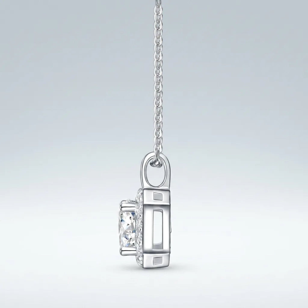 Solstice 1 Carat Moissanite Halo Pendant Necklace in Sterling Silver