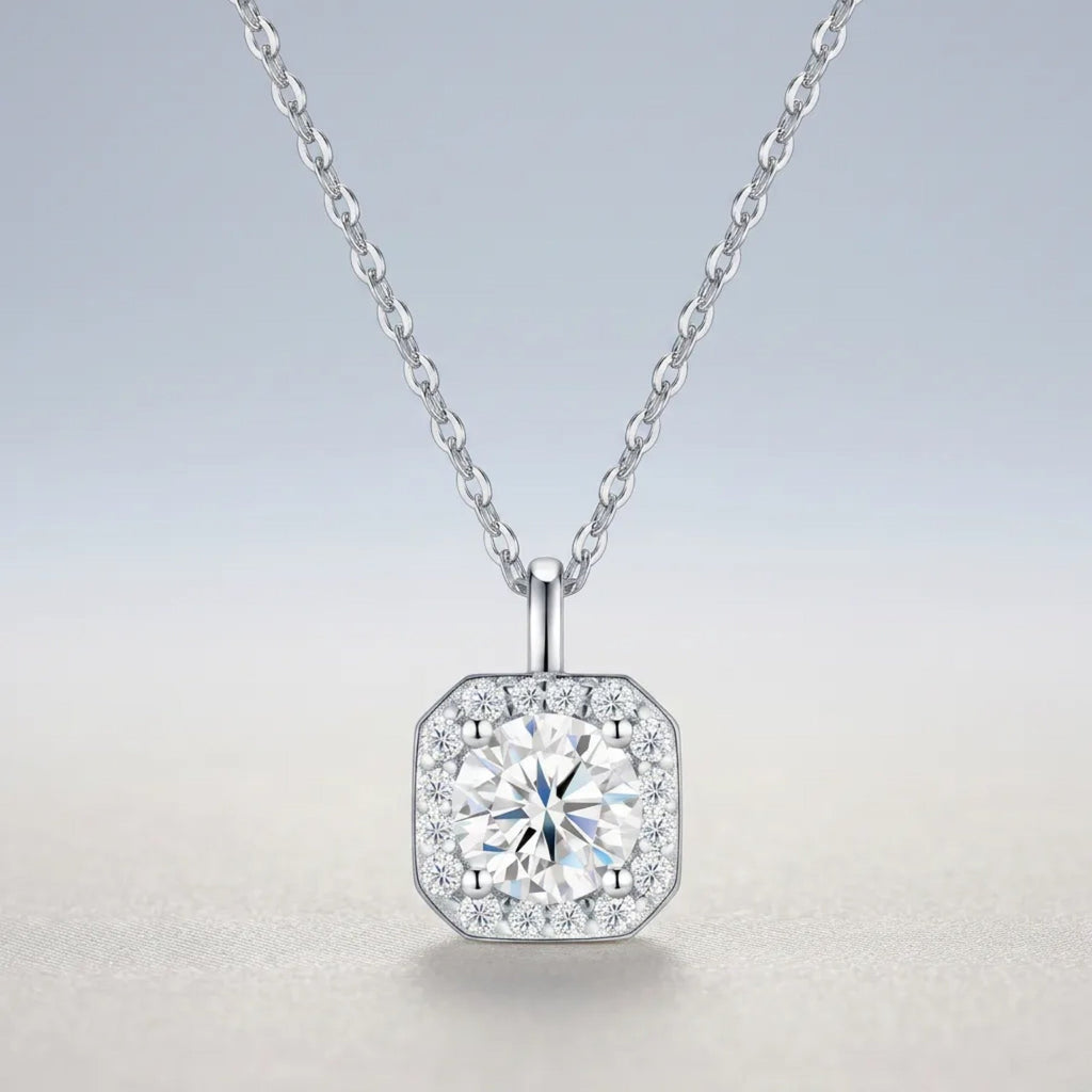 Solstice 1 Carat Moissanite Halo Pendant Necklace in Sterling Silver