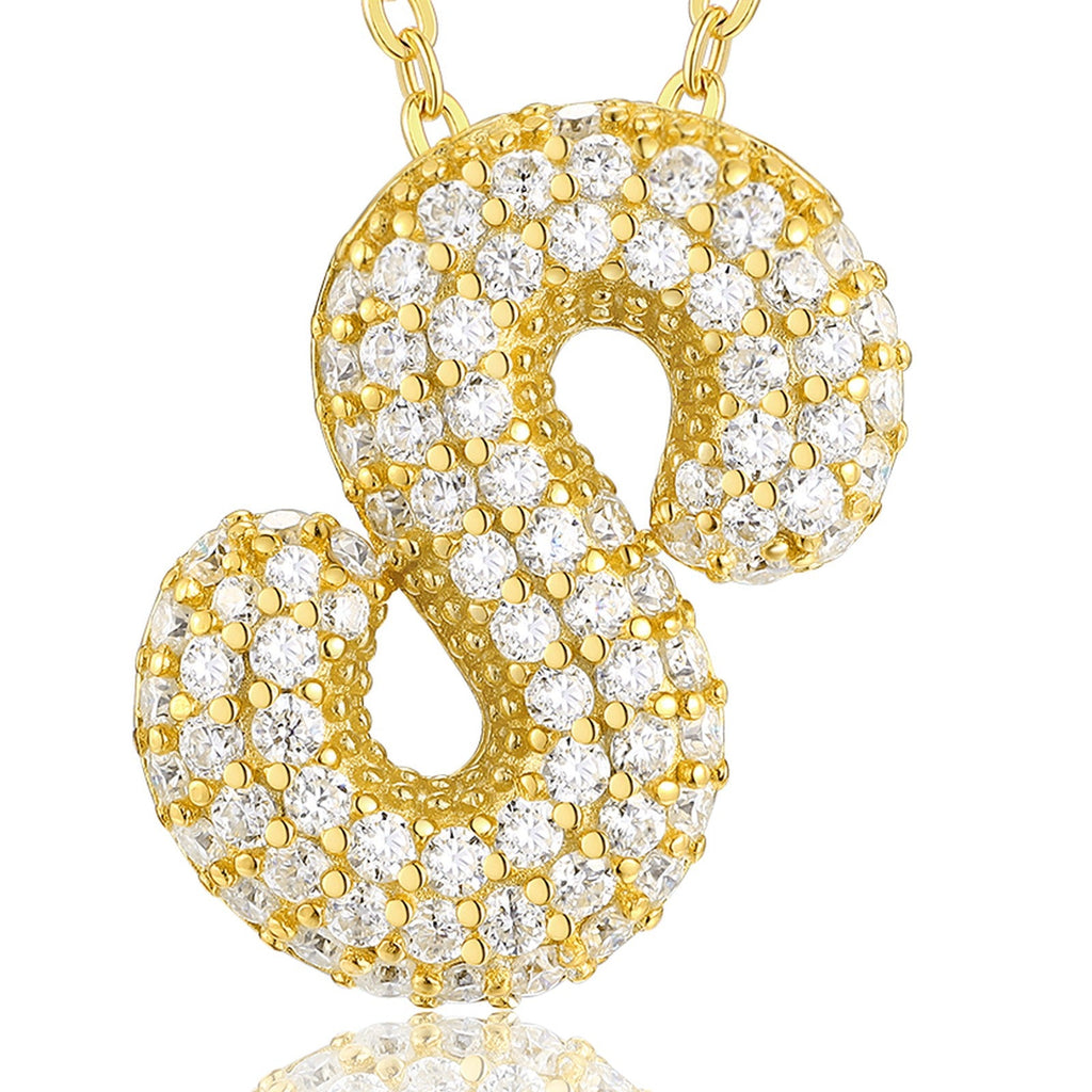 Initial S Moissanite Bubble Pendant Necklace in Gold-Tone Sterling Silver