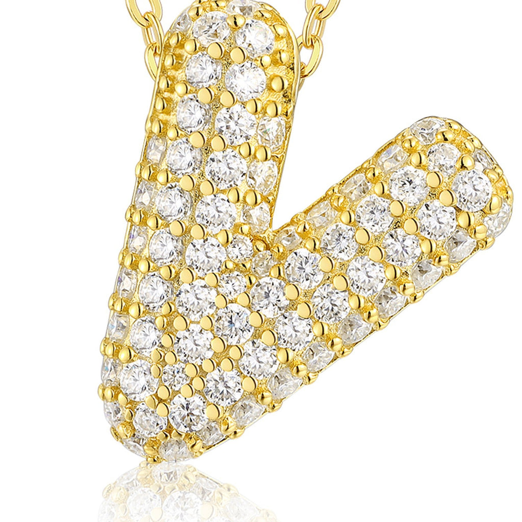 Initial V Moissanite Bubble Pendant Necklace in Gold-Tone Sterling Silver