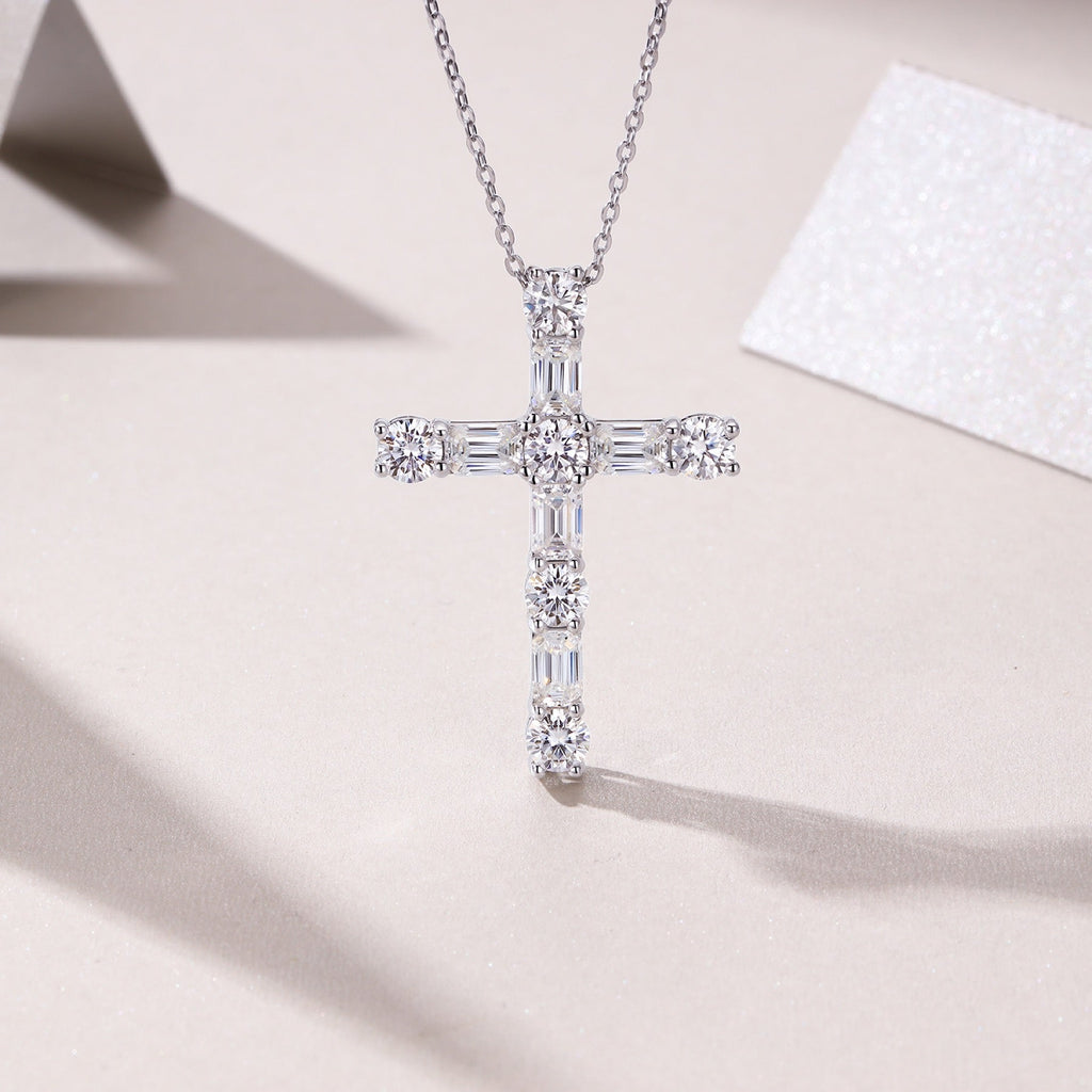 Faithlight Moissanite Cross Necklace in Sterling Silver