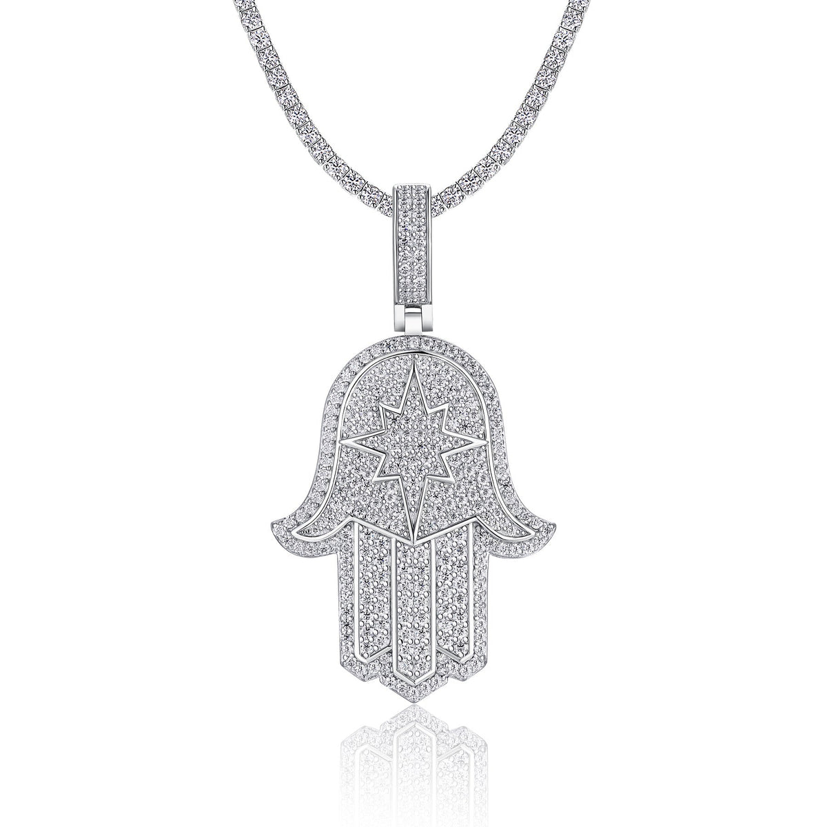 Protector Moissanite Hamsa Pendant Necklace in Sterling Silver
