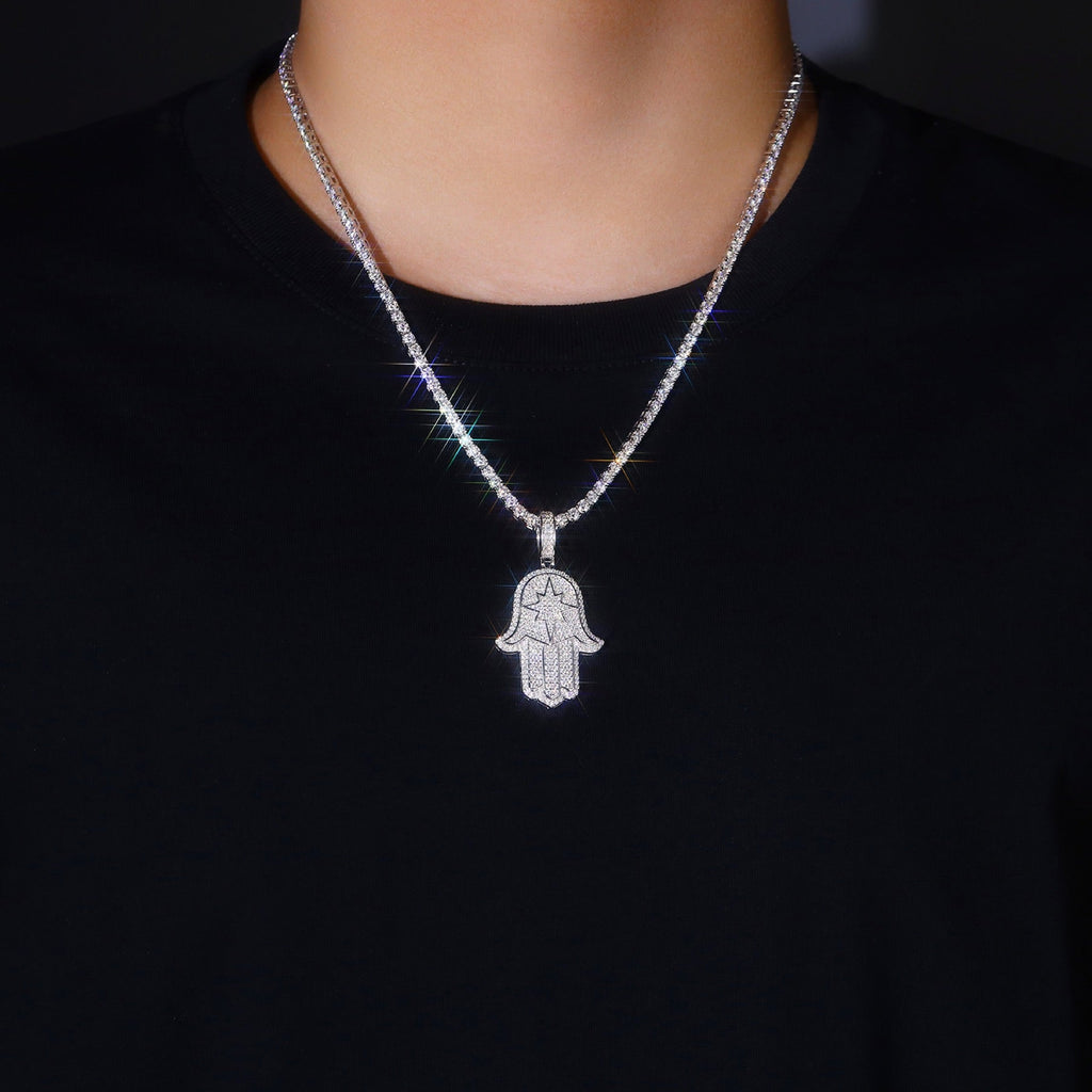 Protector Moissanite Hamsa Pendant Necklace in Sterling Silver