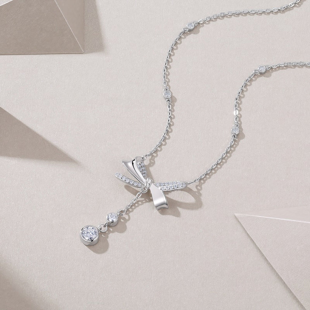 Fleur Moissanite Bow Lariat Necklace in Sterling Silver