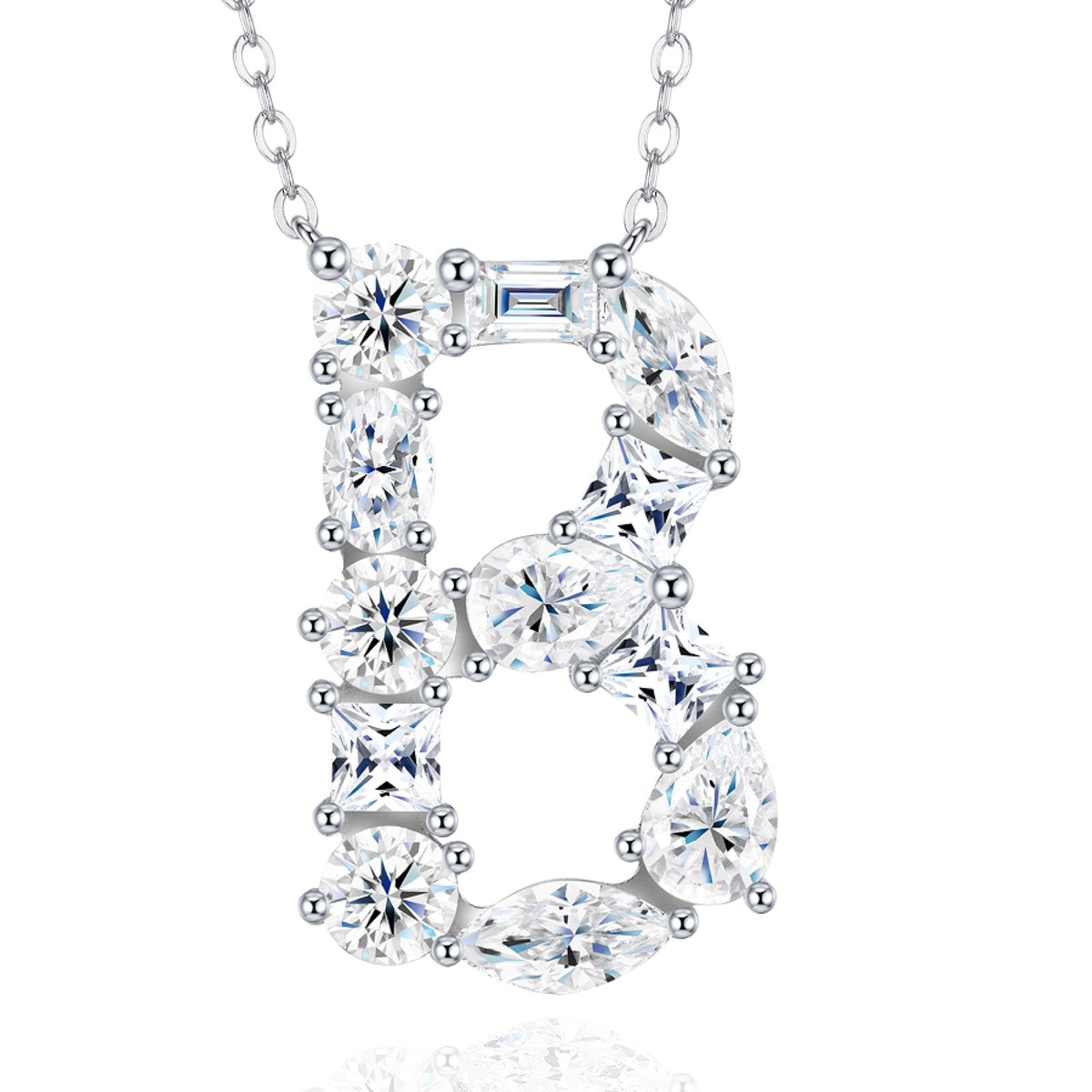 Initial B Moissanite Cluster Initial Pendant Necklace in Sterling Silver