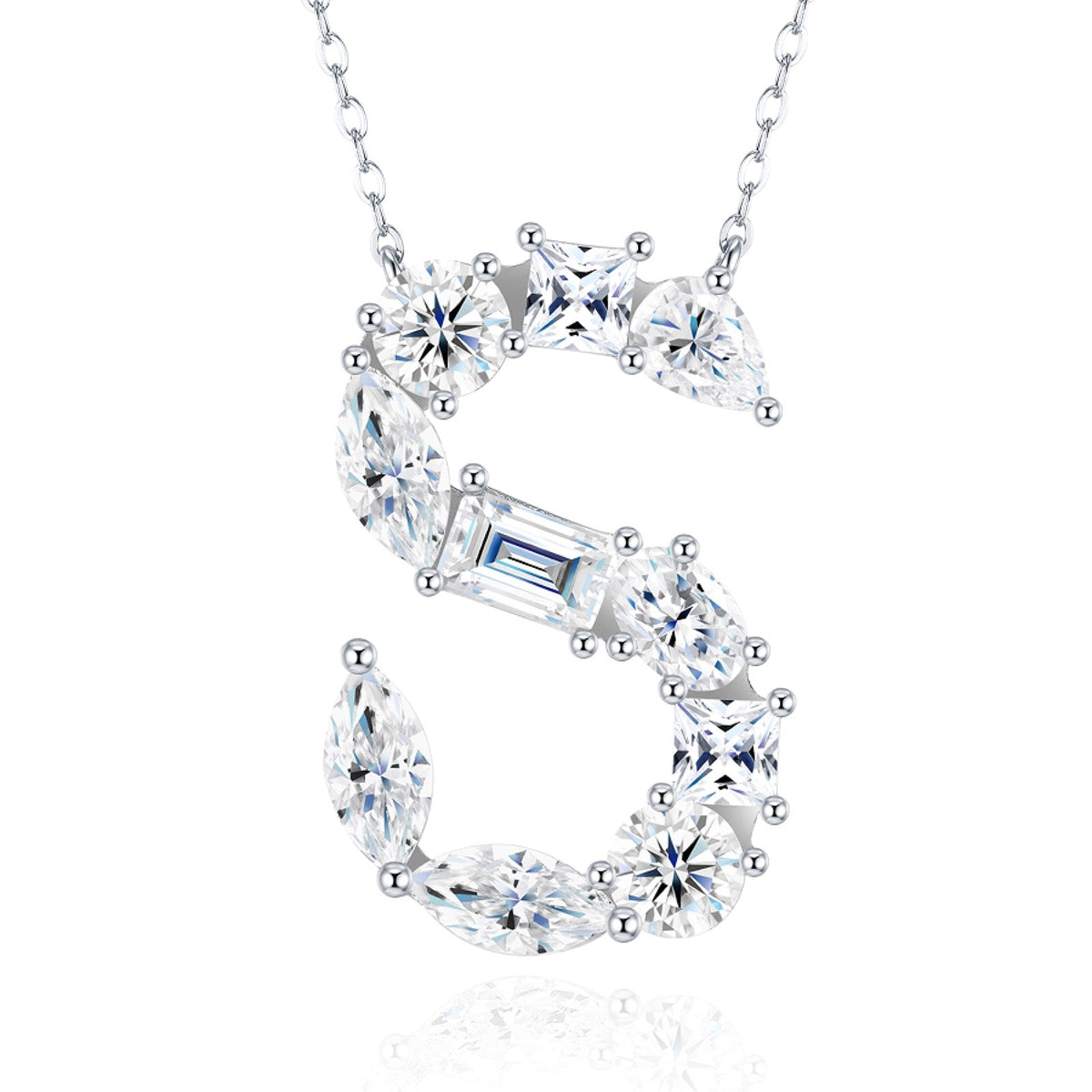 Initial S Moissanite Cluster Initial Pendant Necklace in Sterling Silver