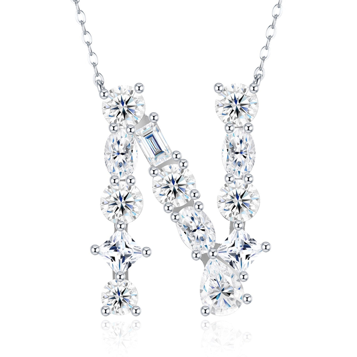 Initial N Moissanite Cluster Initial Pendant Necklace in Sterling Silver