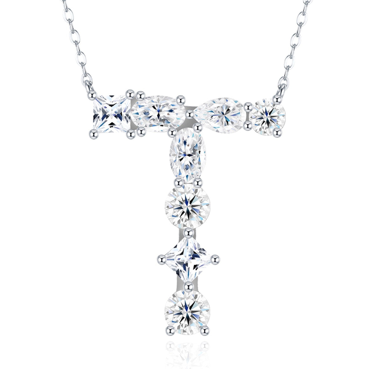 Initial T Moissanite Cluster Initial Pendant Necklace in Sterling Silver