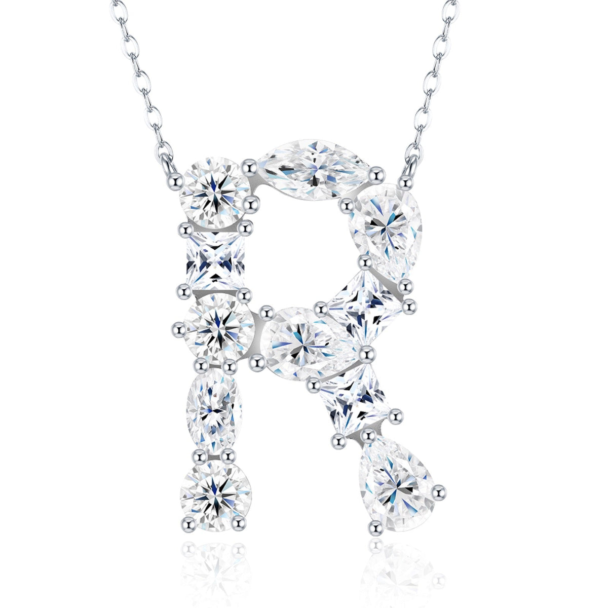 Initial R Moissanite Cluster Initial Pendant Necklace in Sterling Silver