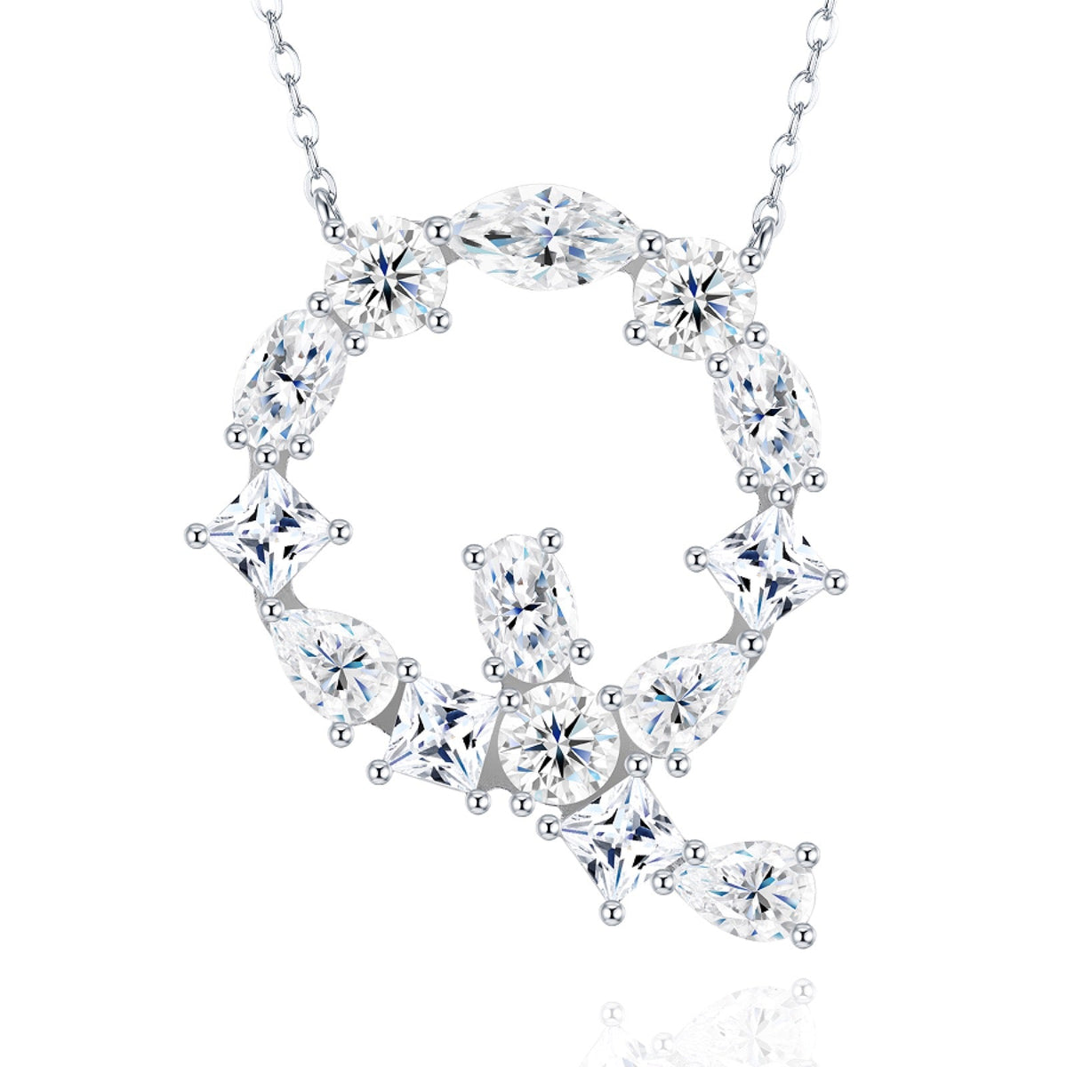 Initial Q Moissanite Cluster Initial Pendant Necklace in Sterling Silver