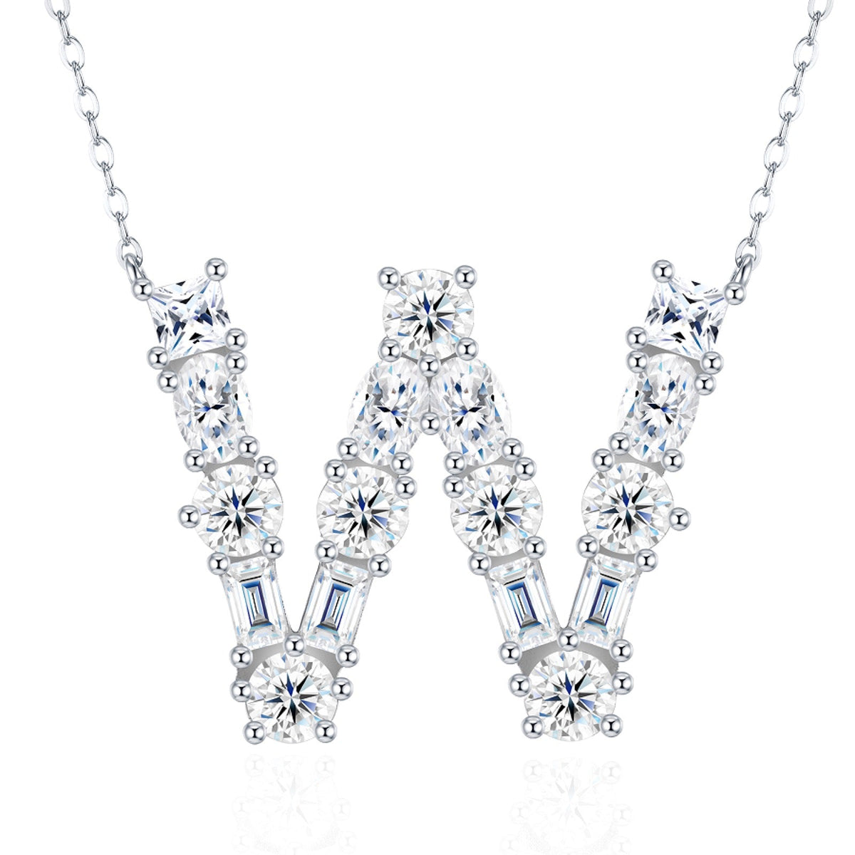 Initial W Moissanite Cluster Initial Pendant Necklace in Sterling Silver